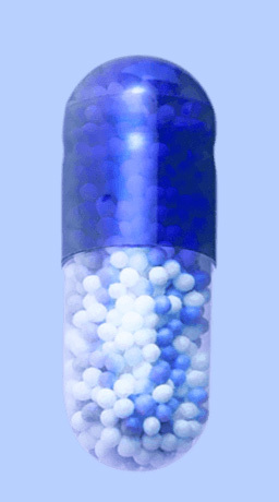 Cápsula bicolor con transparencia y microgránulos blancos y azules